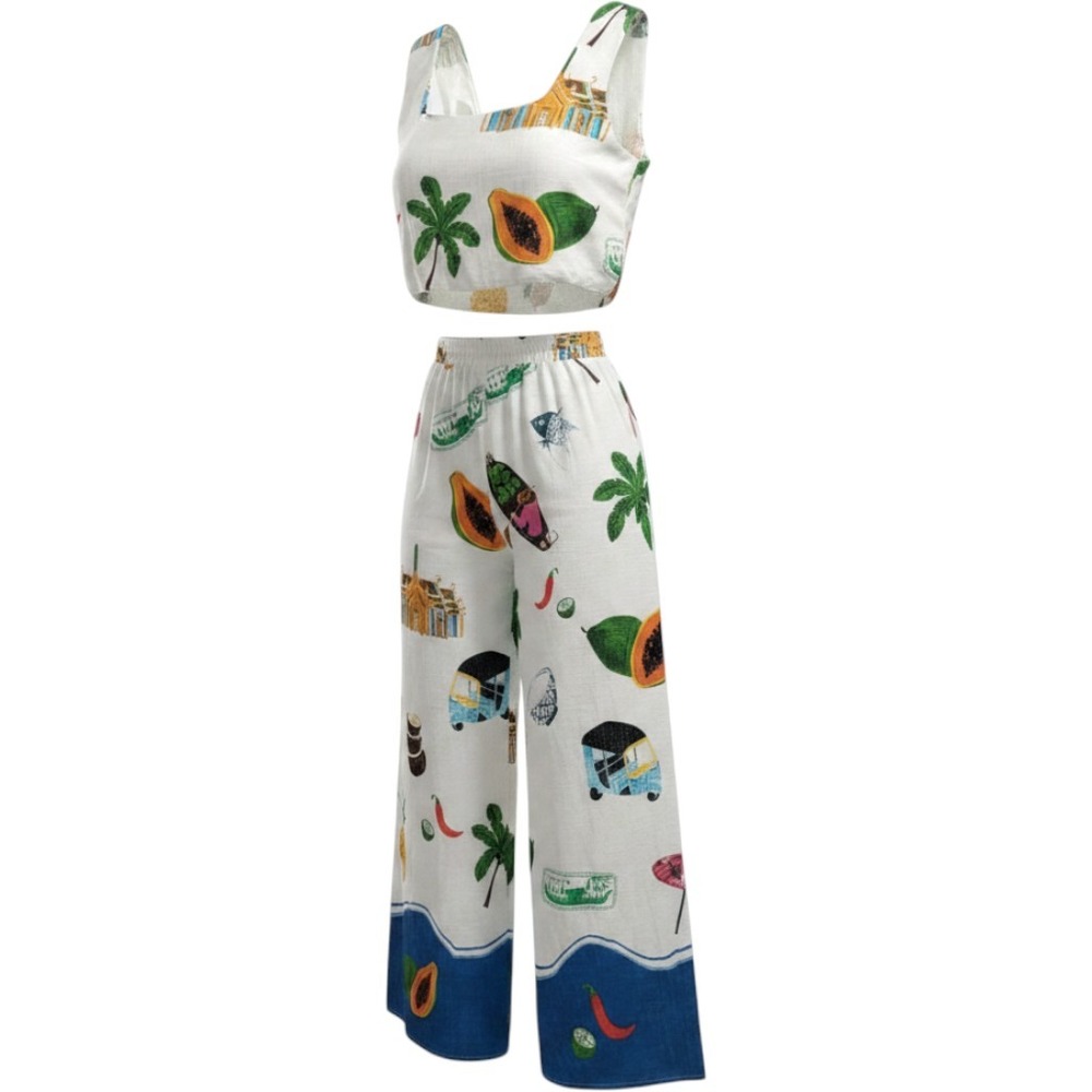 Paper Heart Womens M Tropical Fruits Linen Blend Crop Top Pants Matching SET NWT